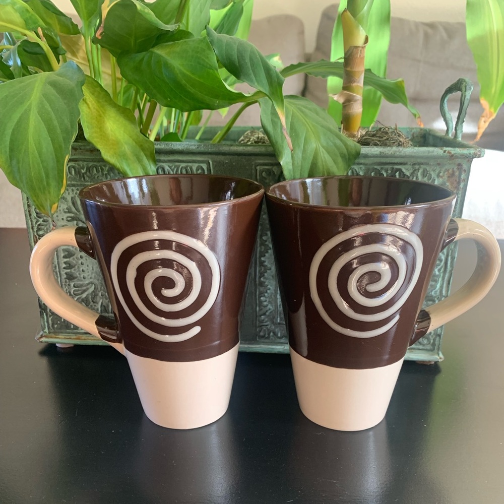 Beige & Brown Swirl Tall Ceramic Coffee Mugs ~ Set of 2 Unbranded